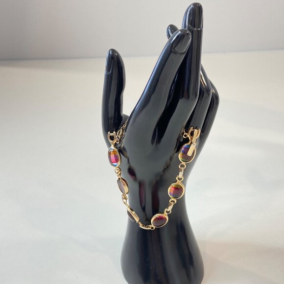 Sarah Coventry Gold-Tone Bracelet With Oval Rainbow Glass Cabochons & Safety Cha - Picture 6 of 14